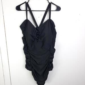 Torrid Black One Piece Swimsuit with Halter Neckline and Ruched Bodice